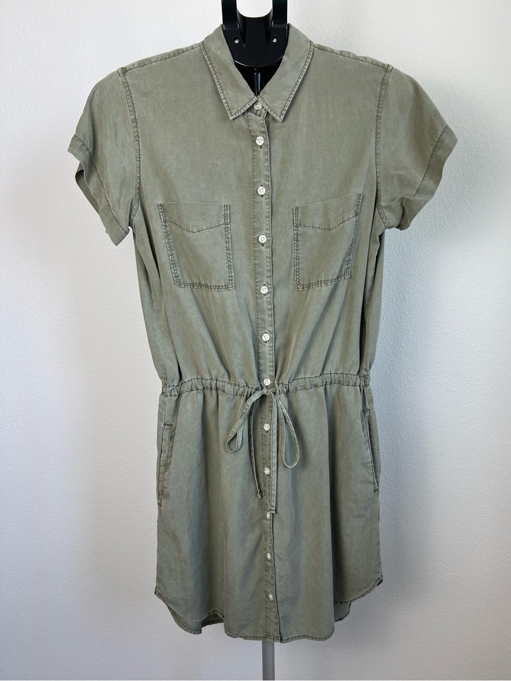 Thread Supply Olive 100% Lyocell Utility Shirt Dress Minimalist Safari Midi‎ L